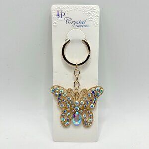 Iridescent Crystal Rhinestone Butterfly Keychain Charm | Gold